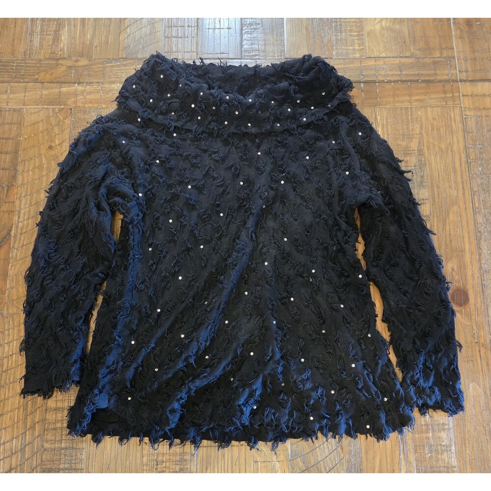 vintage Gepetto Black Texture Shaggy Top With Rhinestones  made in the USA